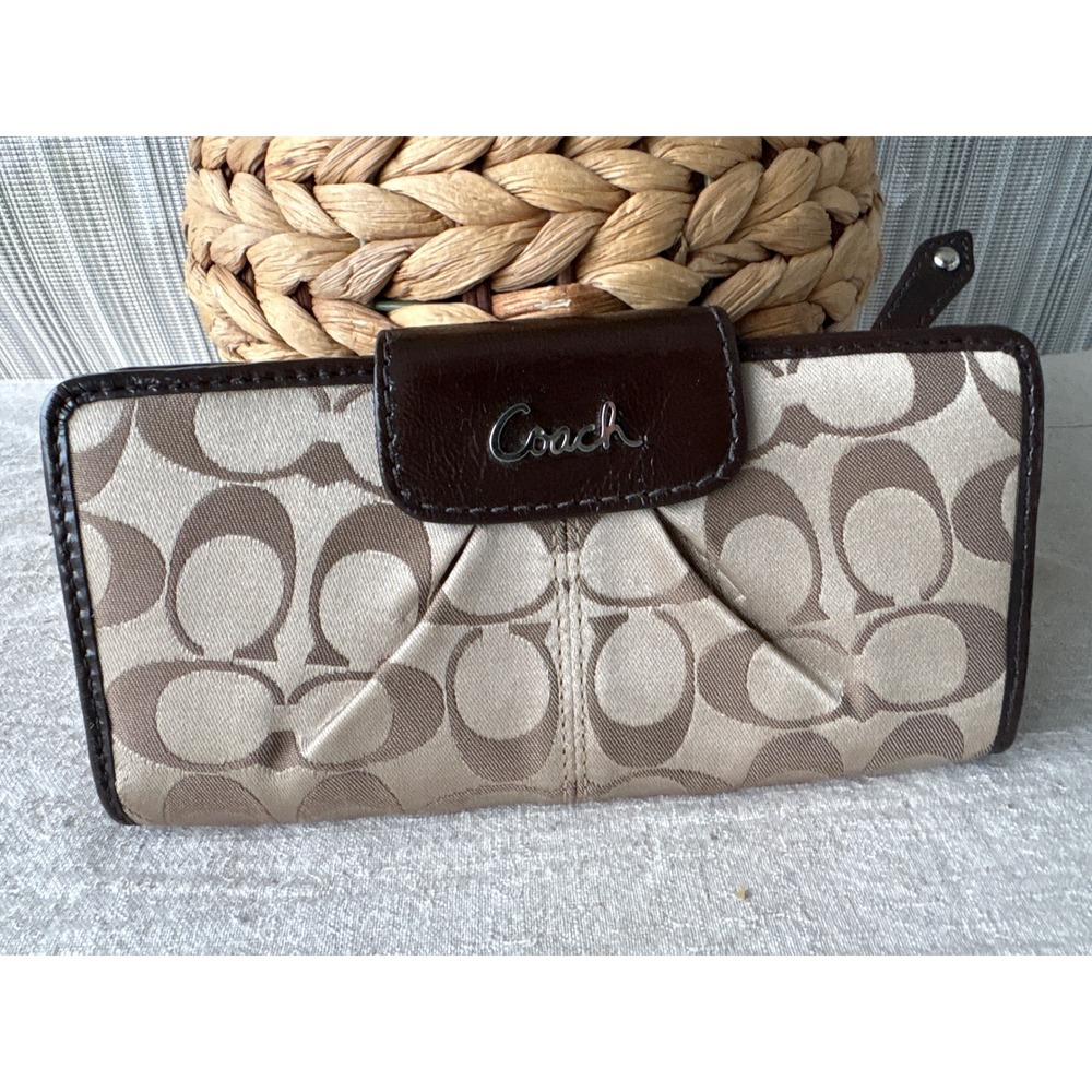 Coach Signature Jacquard Slim Envelope Wallet Brown Tan Monogram Long Bifold